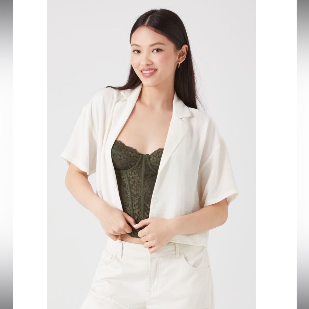 FOREVER 21 Cream White Short sleeve Cropped Drop-Sleeve Top Lightweight Shirt L